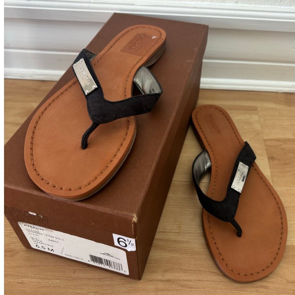 Coach Sommer 12 CM $155 Sig C Shoes Sandal Thongs Black Leather Flip Flop Sz 6.5